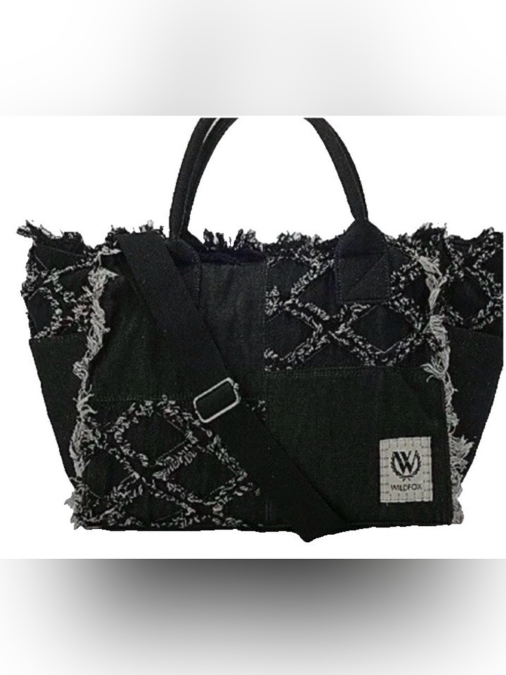 Wild Fox Handbag Black Fringe-Trim Tote Bag with Adjustable Strap